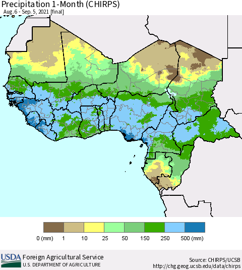 Western Africa Precipitation 1-Month (CHIRPS) Thematic Map For 8/6/2021 - 9/5/2021