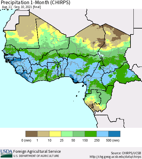 Western Africa Precipitation 1-Month (CHIRPS) Thematic Map For 8/11/2021 - 9/10/2021