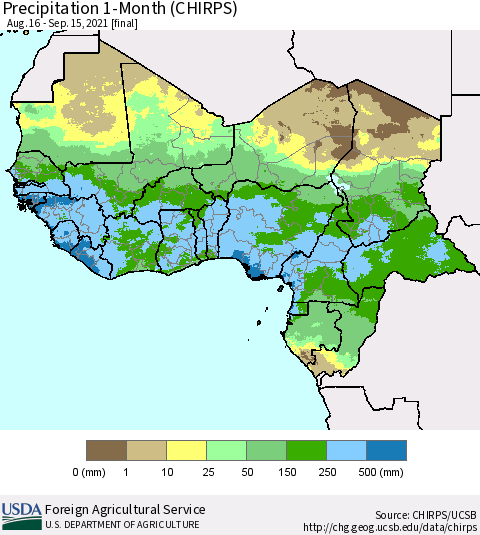 Western Africa Precipitation 1-Month (CHIRPS) Thematic Map For 8/16/2021 - 9/15/2021