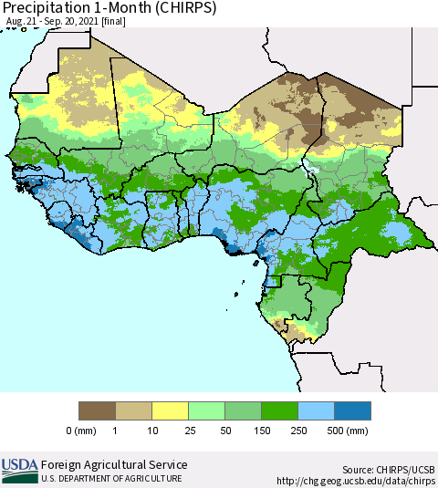 Western Africa Precipitation 1-Month (CHIRPS) Thematic Map For 8/21/2021 - 9/20/2021