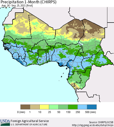 Western Africa Precipitation 1-Month (CHIRPS) Thematic Map For 8/26/2021 - 9/25/2021