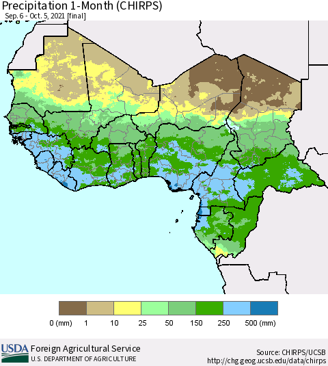 Western Africa Precipitation 1-Month (CHIRPS) Thematic Map For 9/6/2021 - 10/5/2021