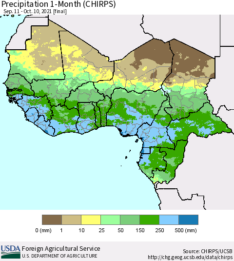 Western Africa Precipitation 1-Month (CHIRPS) Thematic Map For 9/11/2021 - 10/10/2021