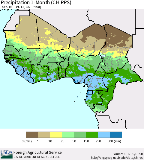 Western Africa Precipitation 1-Month (CHIRPS) Thematic Map For 9/16/2021 - 10/15/2021