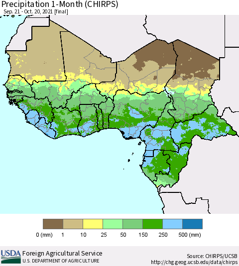 Western Africa Precipitation 1-Month (CHIRPS) Thematic Map For 9/21/2021 - 10/20/2021