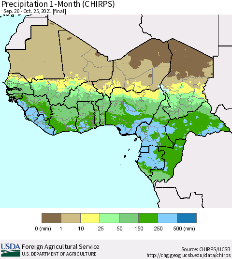 Western Africa Precipitation 1-Month (CHIRPS) Thematic Map For 9/26/2021 - 10/25/2021