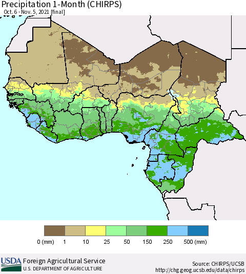 Western Africa Precipitation 1-Month (CHIRPS) Thematic Map For 10/6/2021 - 11/5/2021