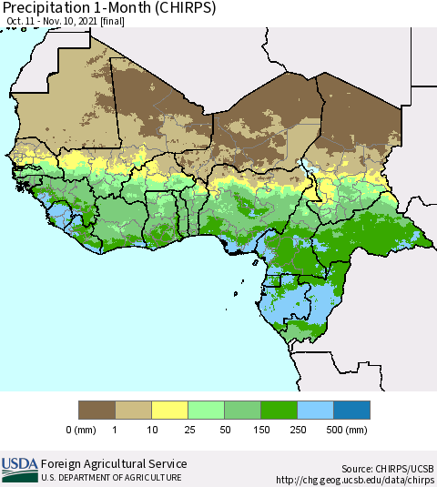 Western Africa Precipitation 1-Month (CHIRPS) Thematic Map For 10/11/2021 - 11/10/2021