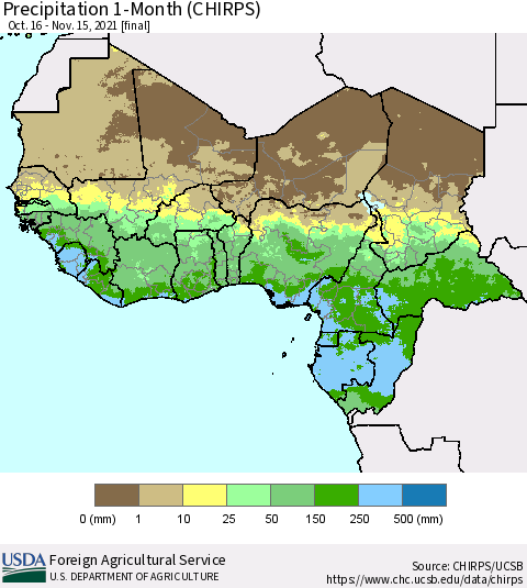 Western Africa Precipitation 1-Month (CHIRPS) Thematic Map For 10/16/2021 - 11/15/2021