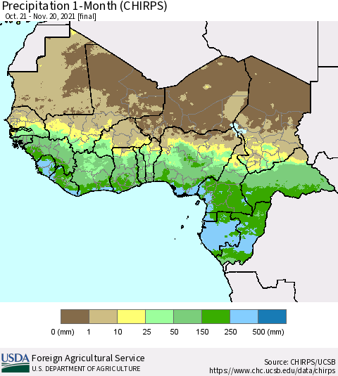 Western Africa Precipitation 1-Month (CHIRPS) Thematic Map For 10/21/2021 - 11/20/2021