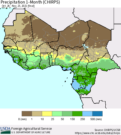Western Africa Precipitation 1-Month (CHIRPS) Thematic Map For 10/26/2021 - 11/25/2021