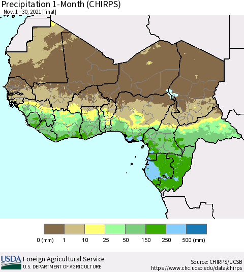 Western Africa Precipitation 1-Month (CHIRPS) Thematic Map For 11/1/2021 - 11/30/2021