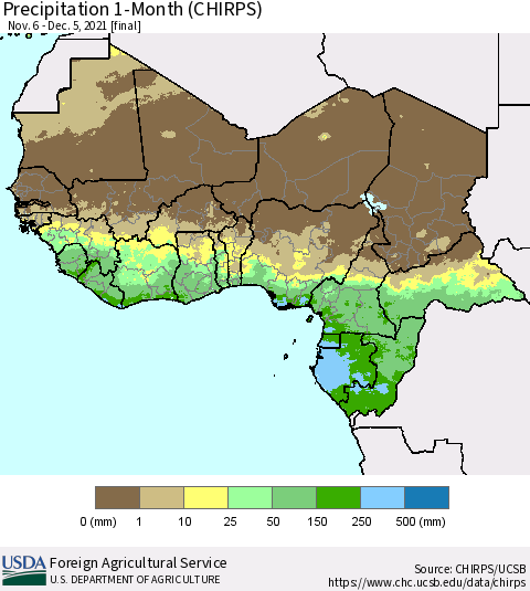 Western Africa Precipitation 1-Month (CHIRPS) Thematic Map For 11/6/2021 - 12/5/2021