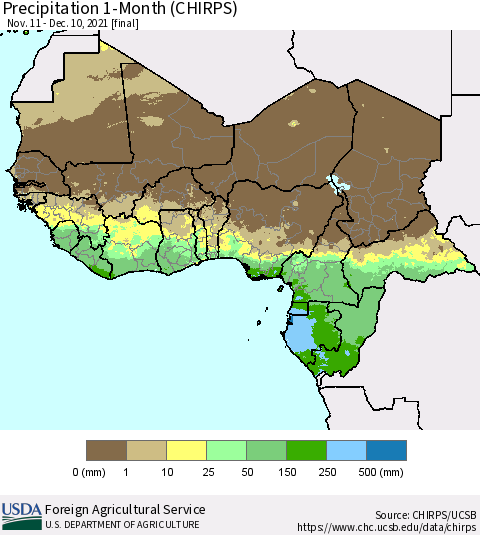 Western Africa Precipitation 1-Month (CHIRPS) Thematic Map For 11/11/2021 - 12/10/2021