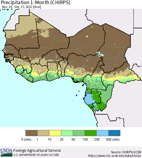 Western Africa Precipitation 1-Month (CHIRPS) Thematic Map For 11/16/2021 - 12/15/2021