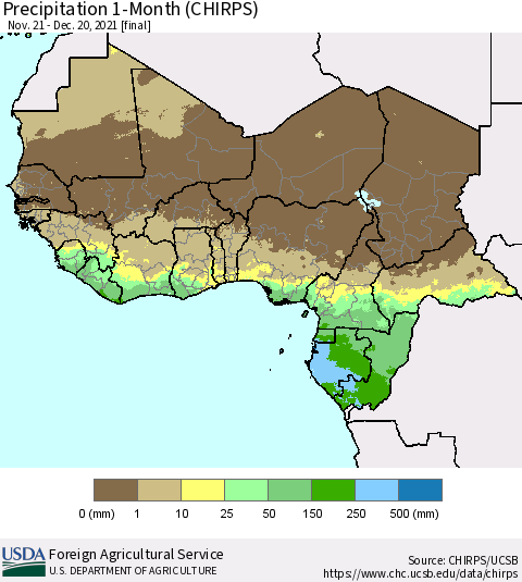 Western Africa Precipitation 1-Month (CHIRPS) Thematic Map For 11/21/2021 - 12/20/2021