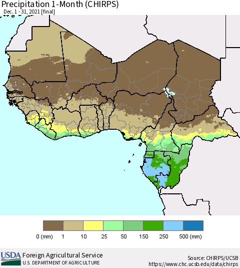 Western Africa Precipitation 1-Month (CHIRPS) Thematic Map For 12/1/2021 - 12/31/2021