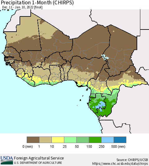 Western Africa Precipitation 1-Month (CHIRPS) Thematic Map For 12/11/2021 - 1/10/2022