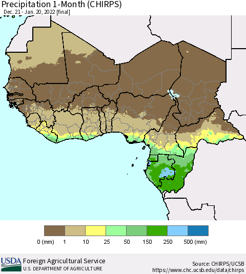 Western Africa Precipitation 1-Month (CHIRPS) Thematic Map For 12/21/2021 - 1/20/2022