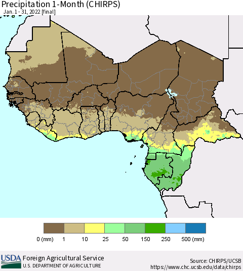 Western Africa Precipitation 1-Month (CHIRPS) Thematic Map For 1/1/2022 - 1/31/2022
