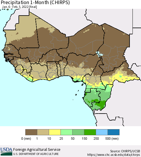 Western Africa Precipitation 1-Month (CHIRPS) Thematic Map For 1/6/2022 - 2/5/2022