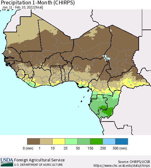 Western Africa Precipitation 1-Month (CHIRPS) Thematic Map For 1/11/2022 - 2/10/2022