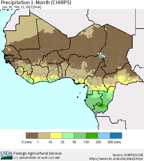 Western Africa Precipitation 1-Month (CHIRPS) Thematic Map For 1/16/2022 - 2/15/2022
