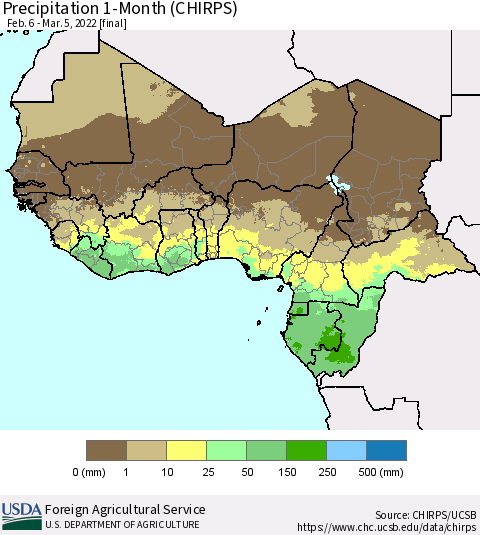 Western Africa Precipitation 1-Month (CHIRPS) Thematic Map For 2/6/2022 - 3/5/2022