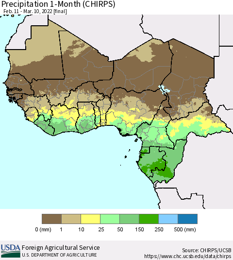 Western Africa Precipitation 1-Month (CHIRPS) Thematic Map For 2/11/2022 - 3/10/2022