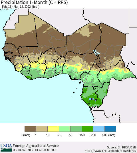 Western Africa Precipitation 1-Month (CHIRPS) Thematic Map For 2/16/2022 - 3/15/2022