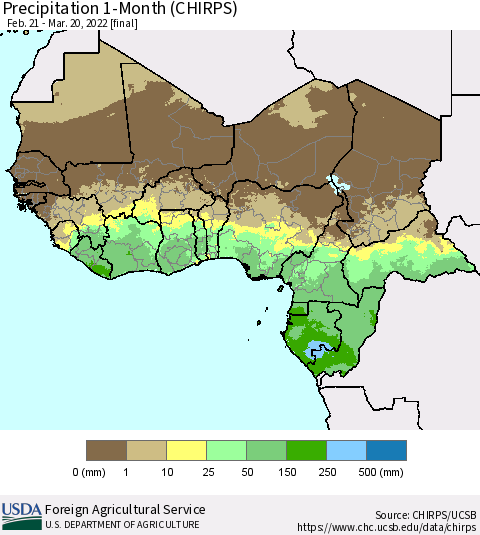Western Africa Precipitation 1-Month (CHIRPS) Thematic Map For 2/21/2022 - 3/20/2022