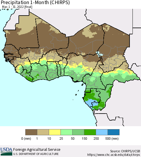Western Africa Precipitation 1-Month (CHIRPS) Thematic Map For 3/1/2022 - 3/31/2022