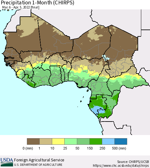 Western Africa Precipitation 1-Month (CHIRPS) Thematic Map For 3/6/2022 - 4/5/2022
