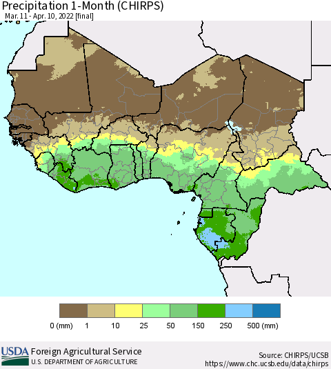 Western Africa Precipitation 1-Month (CHIRPS) Thematic Map For 3/11/2022 - 4/10/2022