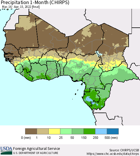 Western Africa Precipitation 1-Month (CHIRPS) Thematic Map For 3/16/2022 - 4/15/2022