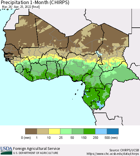 Western Africa Precipitation 1-Month (CHIRPS) Thematic Map For 3/26/2022 - 4/25/2022