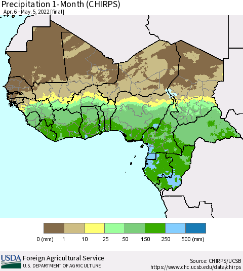 Western Africa Precipitation 1-Month (CHIRPS) Thematic Map For 4/6/2022 - 5/5/2022