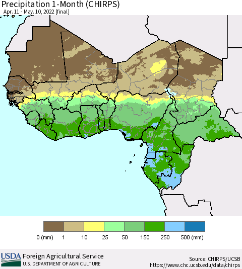 Western Africa Precipitation 1-Month (CHIRPS) Thematic Map For 4/11/2022 - 5/10/2022