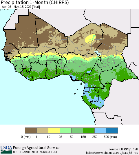 Western Africa Precipitation 1-Month (CHIRPS) Thematic Map For 4/16/2022 - 5/15/2022