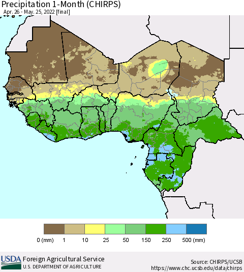 Western Africa Precipitation 1-Month (CHIRPS) Thematic Map For 4/26/2022 - 5/25/2022