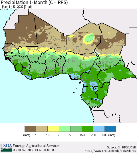 Western Africa Precipitation 1-Month (CHIRPS) Thematic Map For 5/1/2022 - 5/31/2022