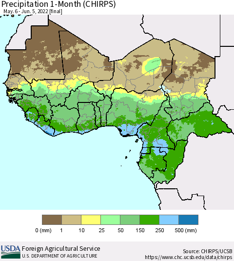 Western Africa Precipitation 1-Month (CHIRPS) Thematic Map For 5/6/2022 - 6/5/2022