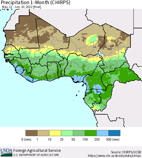 Western Africa Precipitation 1-Month (CHIRPS) Thematic Map For 5/11/2022 - 6/10/2022