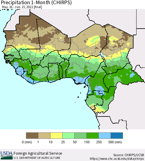 Western Africa Precipitation 1-Month (CHIRPS) Thematic Map For 5/16/2022 - 6/15/2022