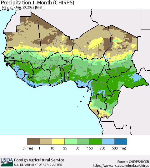 Western Africa Precipitation 1-Month (CHIRPS) Thematic Map For 5/21/2022 - 6/20/2022