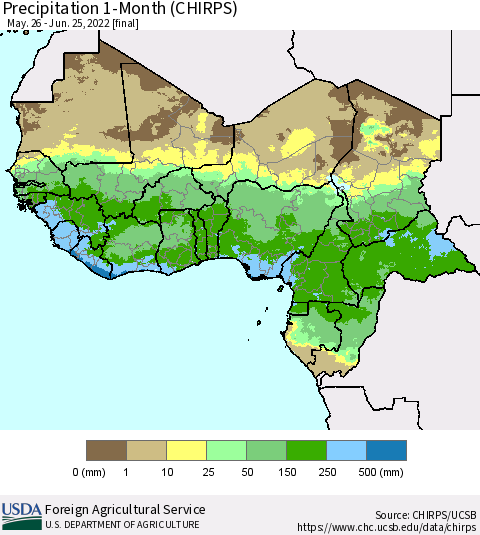 Western Africa Precipitation 1-Month (CHIRPS) Thematic Map For 5/26/2022 - 6/25/2022