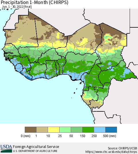 Western Africa Precipitation 1-Month (CHIRPS) Thematic Map For 6/1/2022 - 6/30/2022