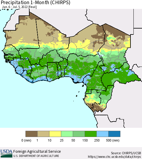 Western Africa Precipitation 1-Month (CHIRPS) Thematic Map For 6/6/2022 - 7/5/2022