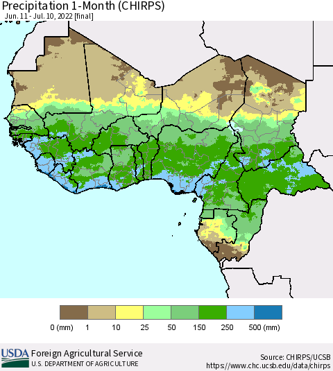 Western Africa Precipitation 1-Month (CHIRPS) Thematic Map For 6/11/2022 - 7/10/2022