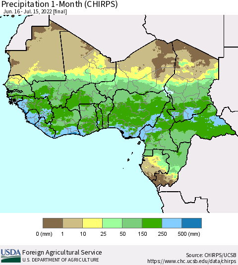 Western Africa Precipitation 1-Month (CHIRPS) Thematic Map For 6/16/2022 - 7/15/2022
